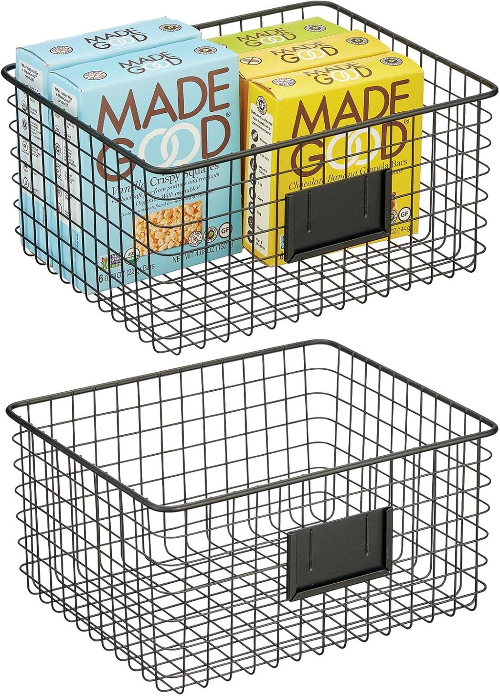 Metal Wire Food Organizer Storage Bin Basket with Label Slot, 2 Pack, Matte Black L84481