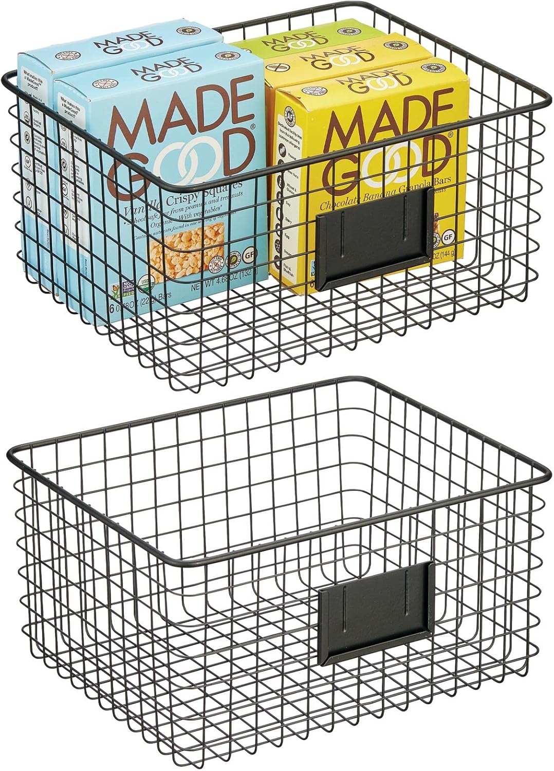 Metal Wire Food Organizer Storage Bin Basket with Label Slot, 2 Pack, Matte Black L84481