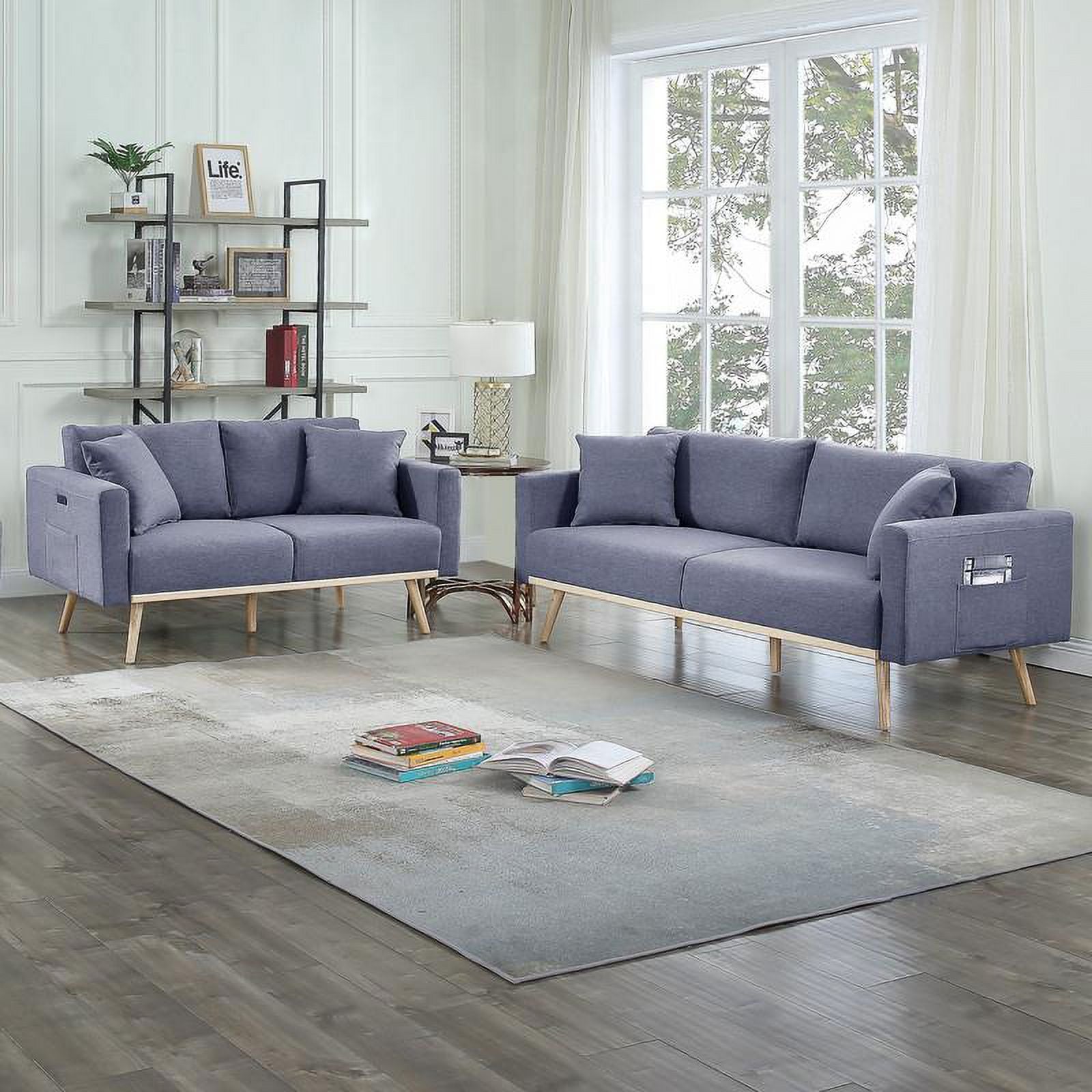 Dark Gray Linen Fabric Sofa Loveseat Set with USB Ports V1016