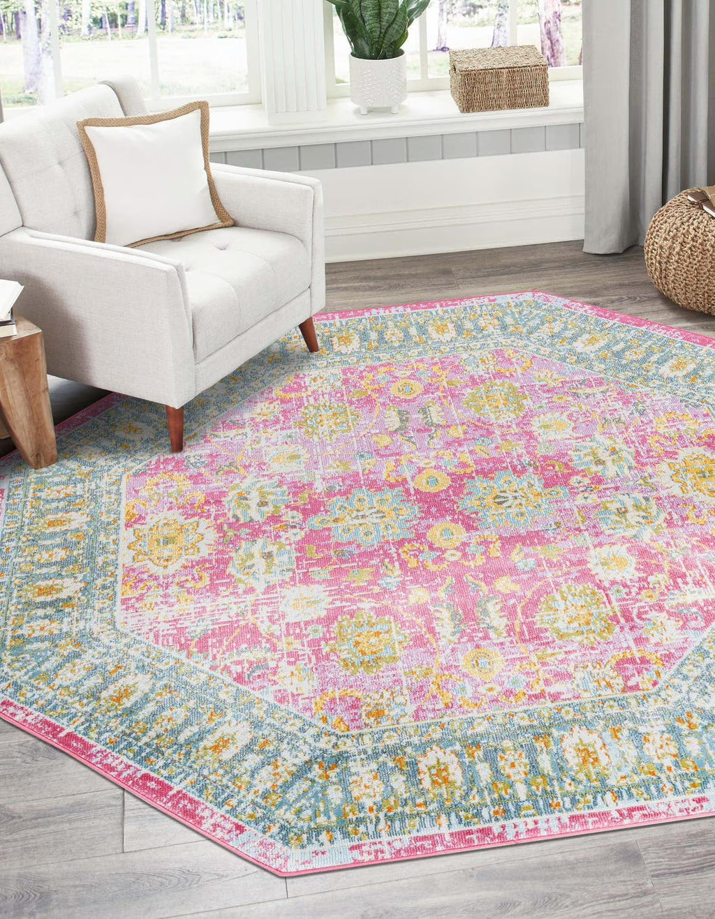 Octagon Pink Transitional Floral Rug C302412