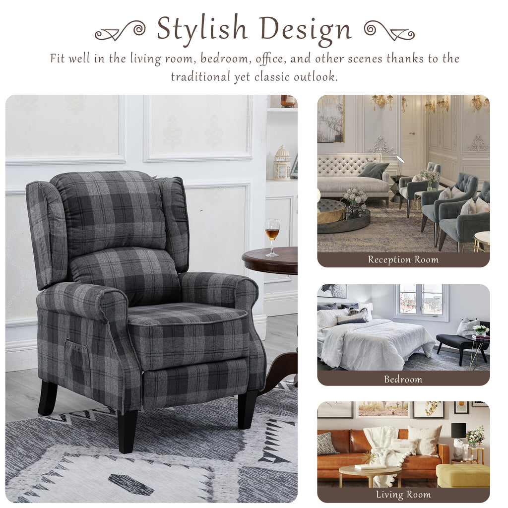 Gray Check Upholstered Recliner Chair with Adjustable Footrest and Side Pocket M47147