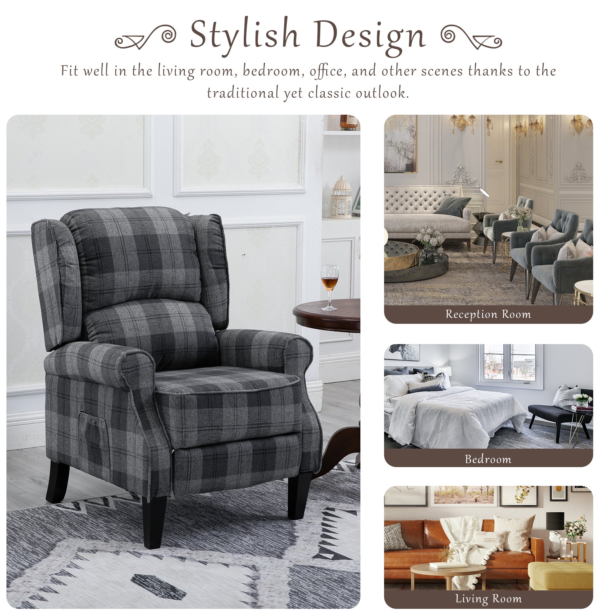 Gray Check Upholstered Recliner Chair with Adjustable Footrest and Side Pocket M47147