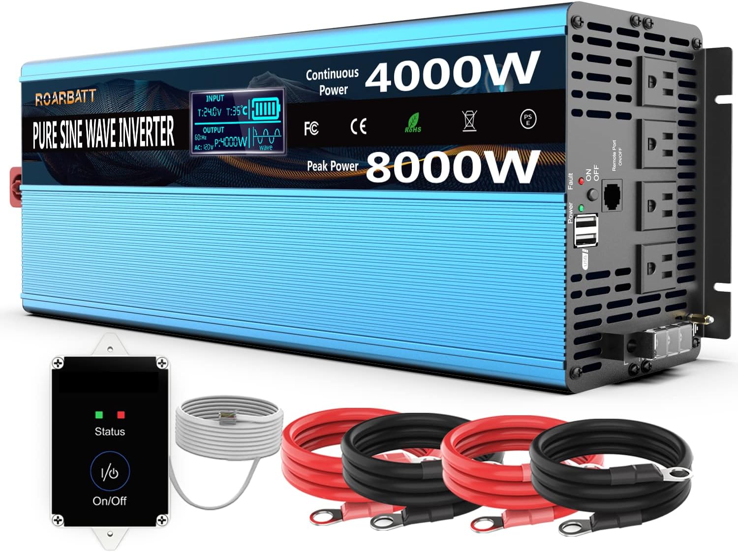 4000Watt 12V DC to AC 110V Power Inverter with Remote Control 4 AC Outlets and Dual USB Port G4848