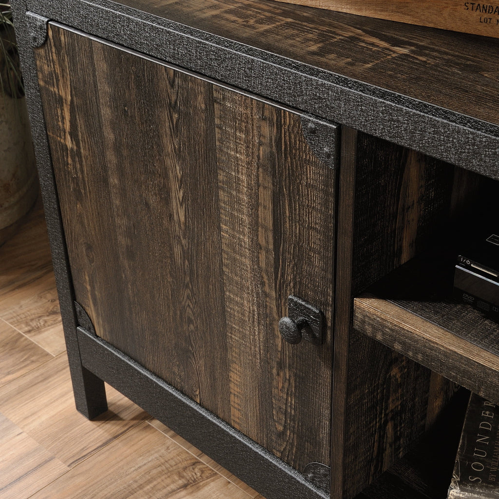 Rustic Metal & Wood TV Stand with Doors, Carbon Oak Finish C6064