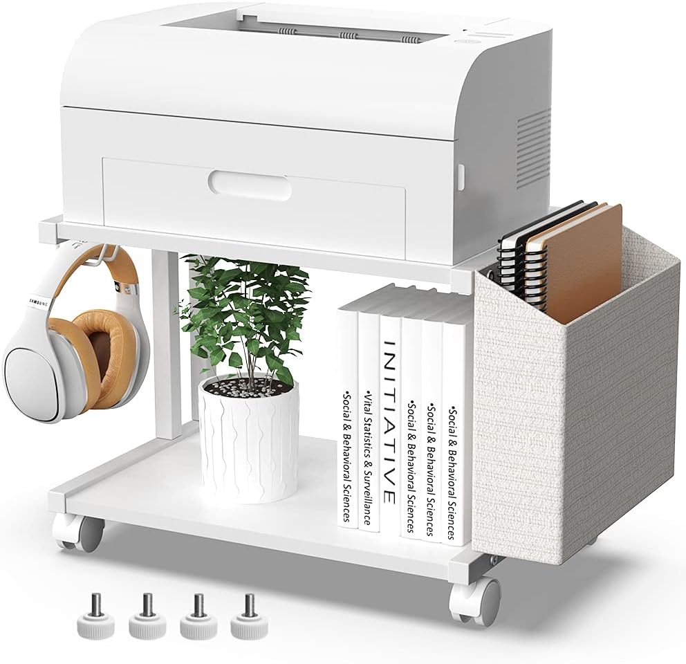 White Wooden Under Desk Printer Stand with Storage Bag Y31851