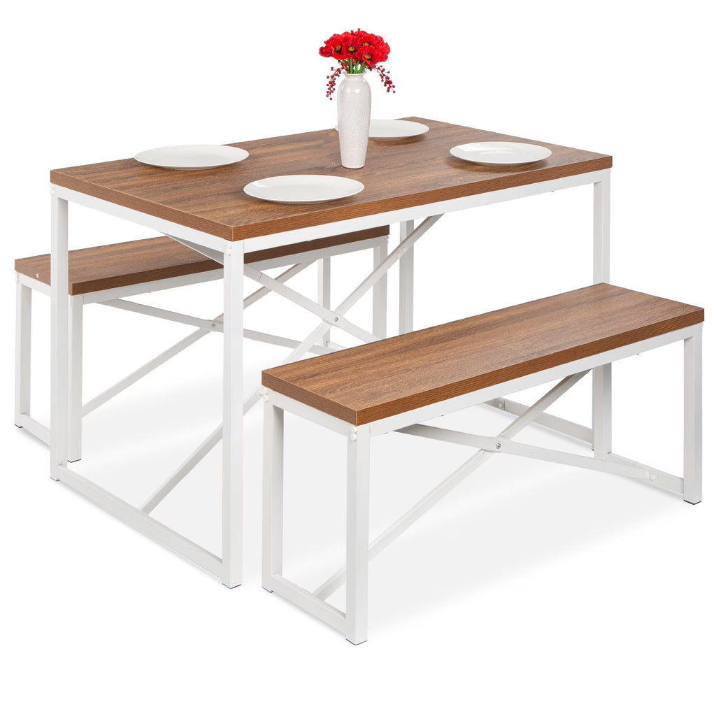 Brown/White 3-Piece Dining Furniture Set with 2 Benches V232977