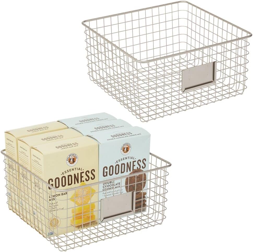 Metal Wire Food Organizer Storage Bin Basket with Label Slot, 2 Pack, Matte Black L84481
