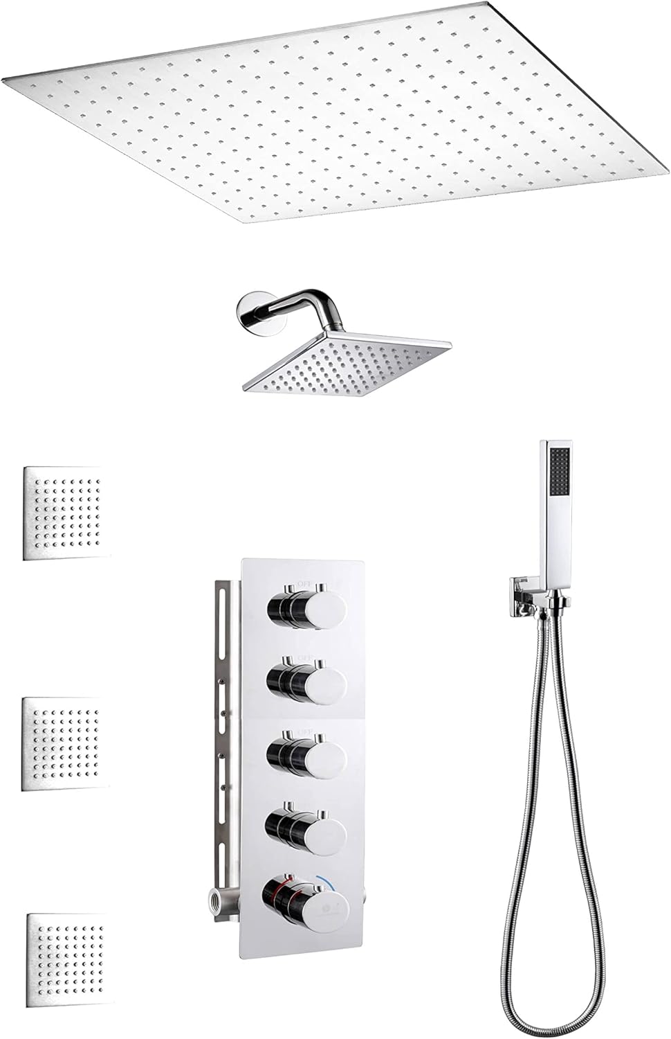 Matte Black 4 Way Thermostatic Shower Valve System with Body Jets, Handheld, 6" High Pressure Head and 20" Rain T664386