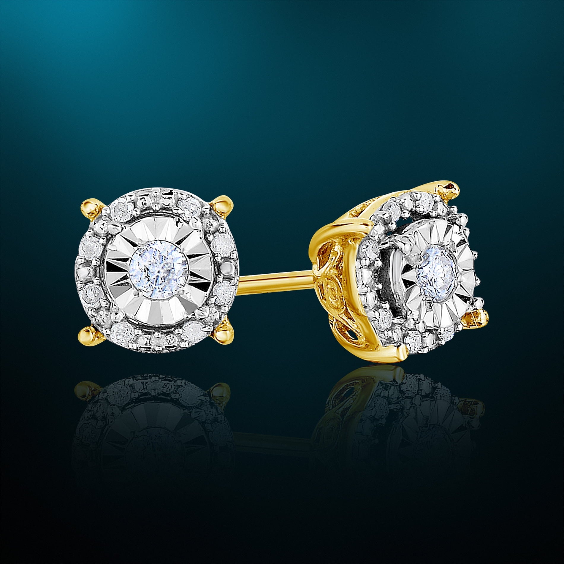 18K Yellow Gold Plated Sterling Silver Round Halo Diamond Stud Earrings T650