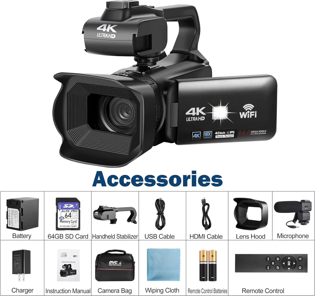 4k Video Camera Camcorder with 18X Digital Zoom, 64MP, 4.0-inch Rotating Touchscreen, 64GB SD Card, Black Q511