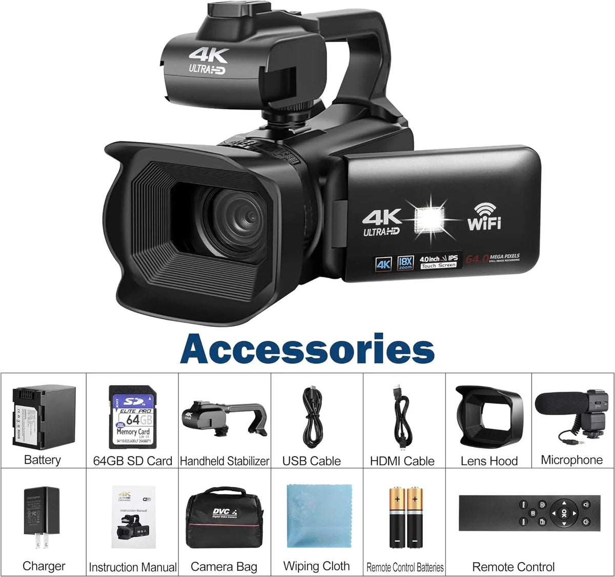 4k Video Camera Camcorder with 18X Digital Zoom, 64MP, 4.0-inch Rotating Touchscreen, 64GB SD Card, Black Q511