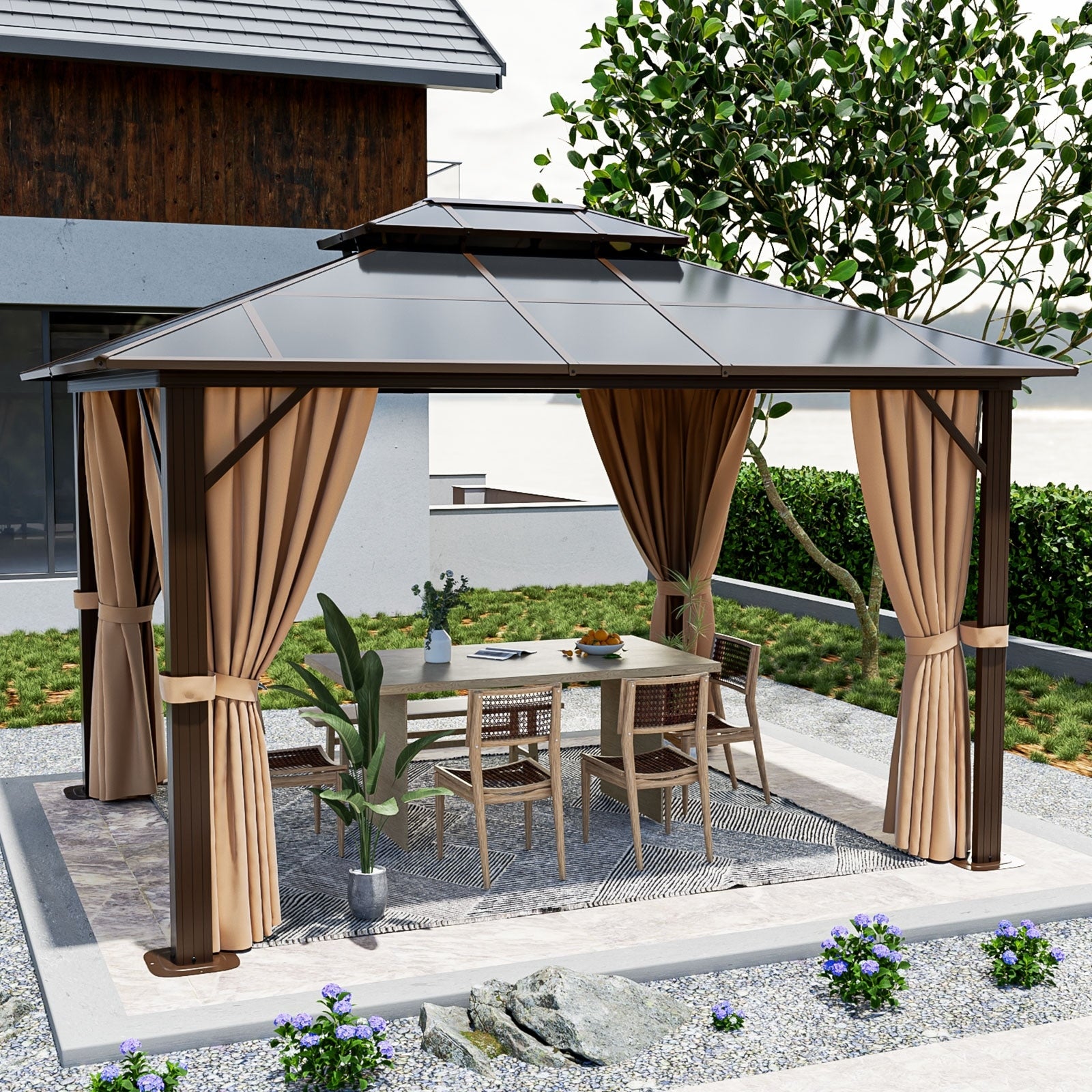 10'x12' Hardtop Gazebo with Double Roof Brown F4986