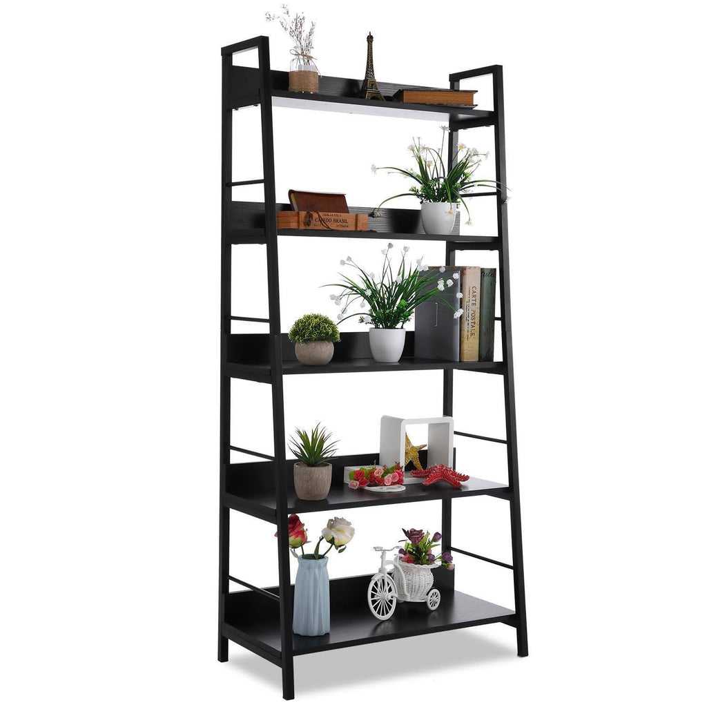 Black 5 Tier Metal Frame Wood Shelves Bookcase T120