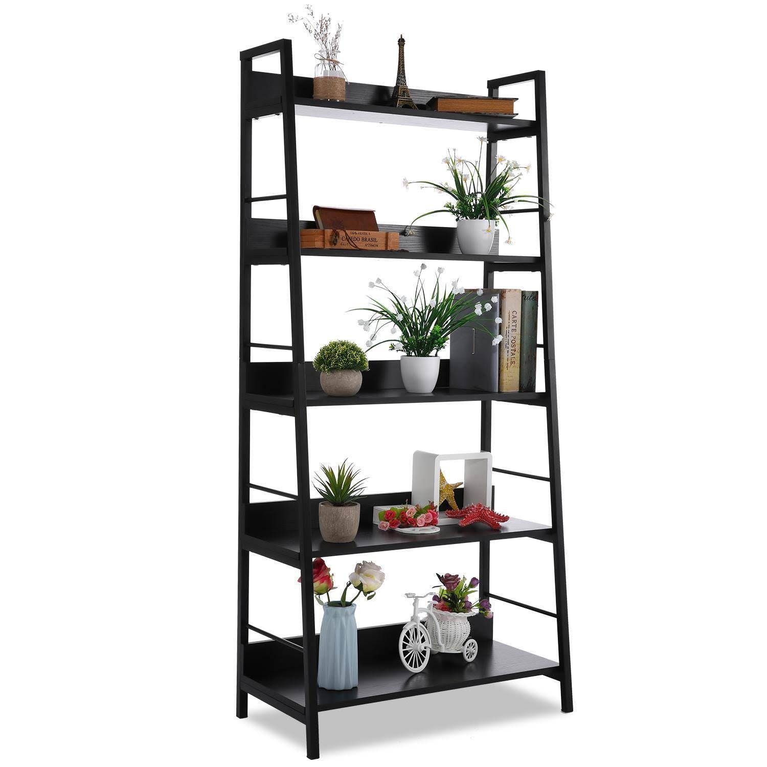 Black 5 Tier Metal Frame Wood Shelves Bookcase T120