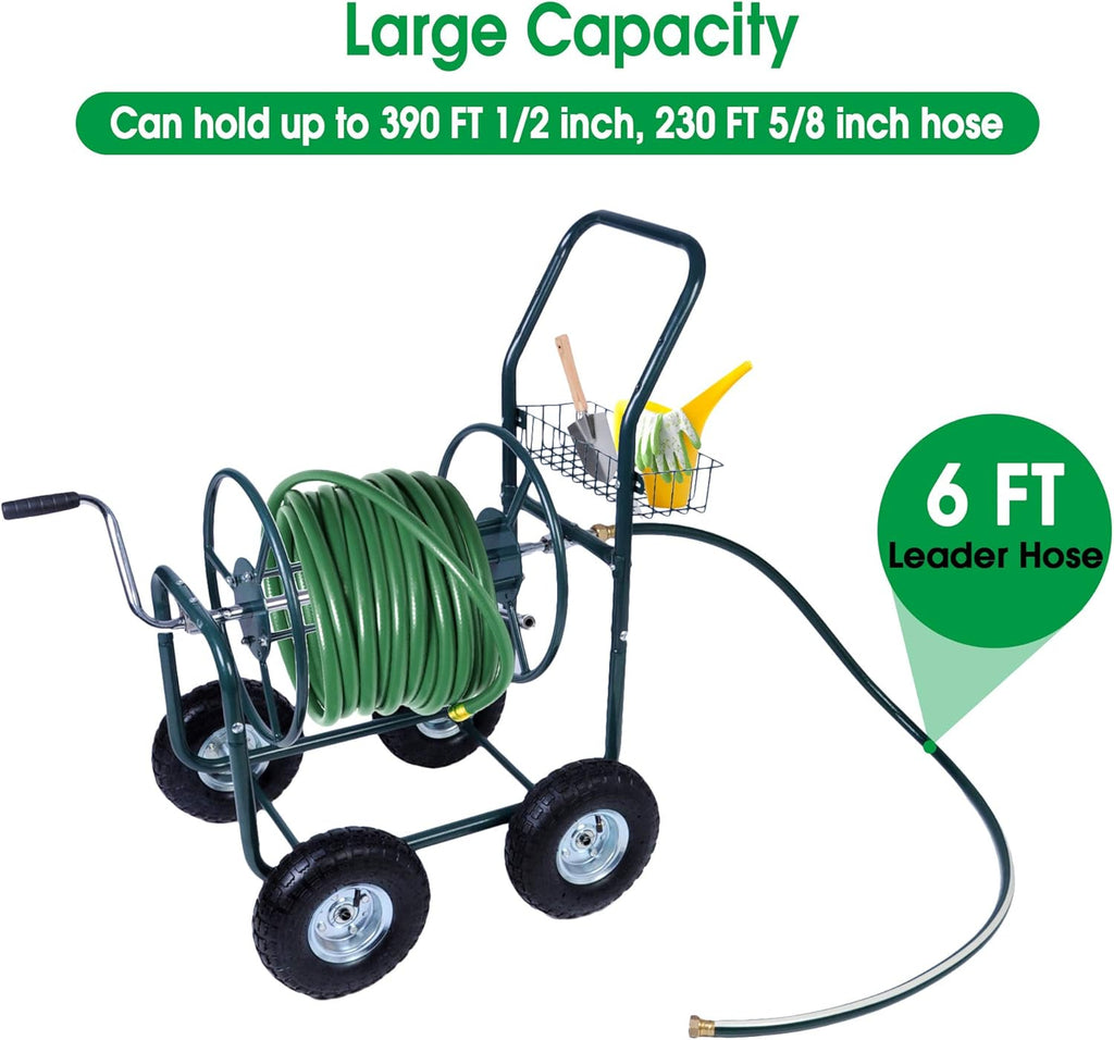 Garden Hose Reel Cart 4 Wheels with Storage Basket, Holds 390FT Hose B600