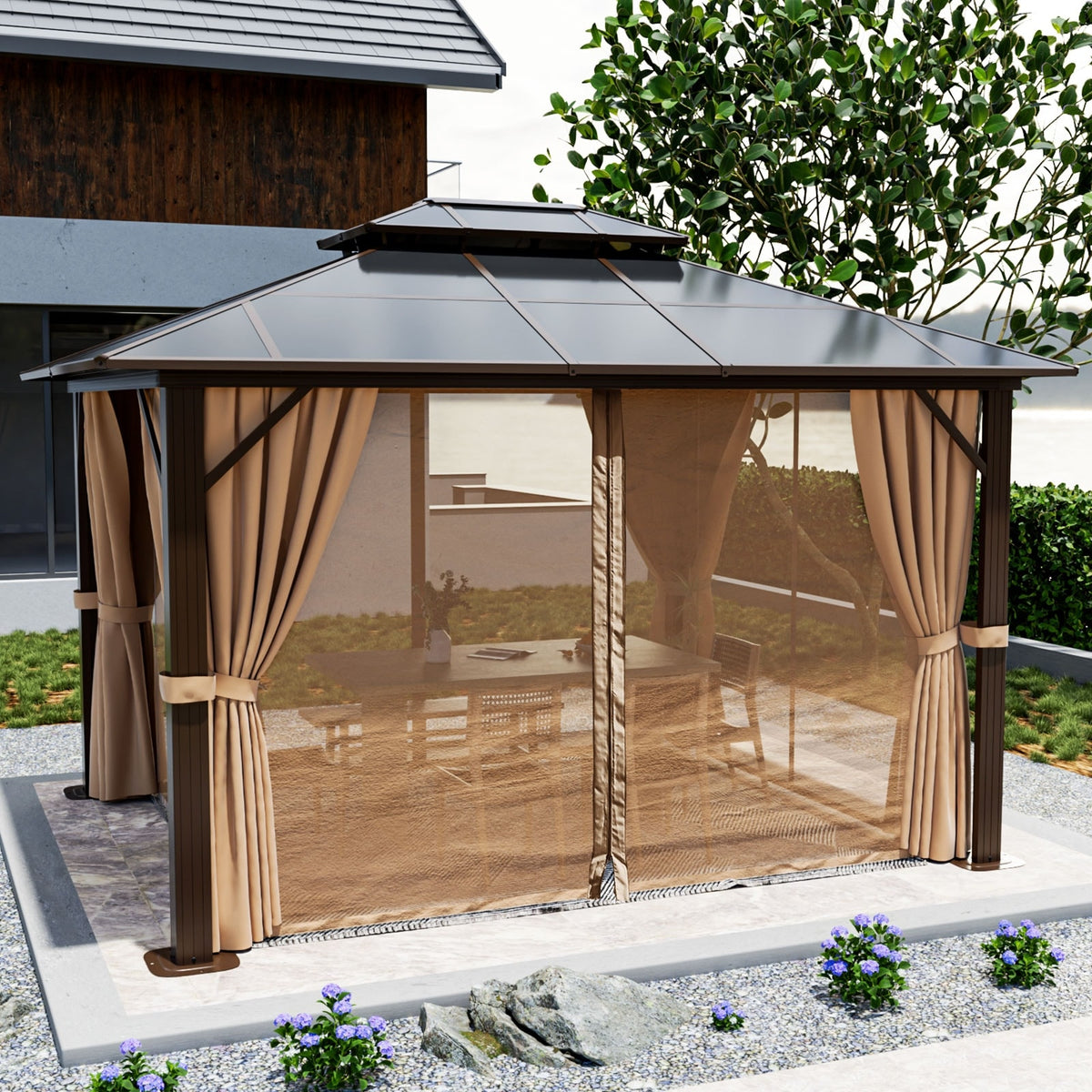 10'x12' Hardtop Gazebo with Double Roof Brown F4986