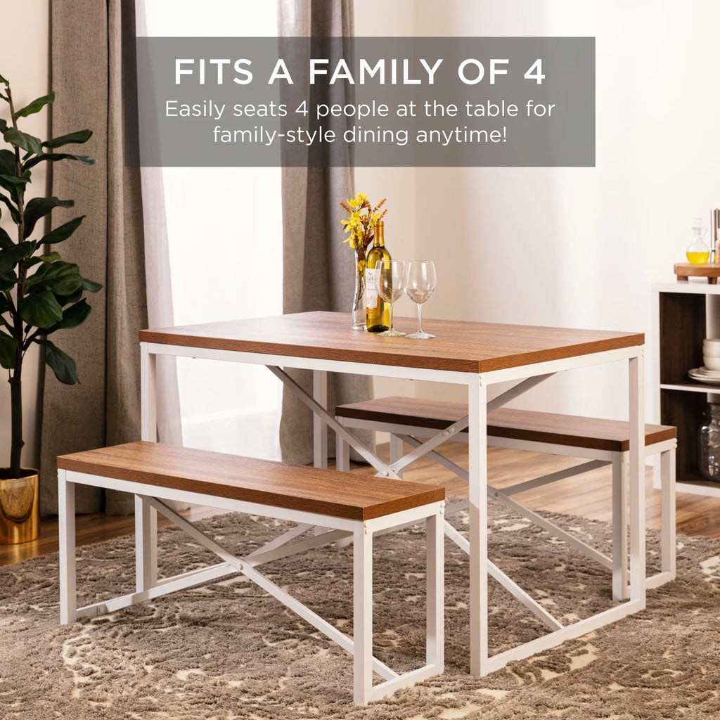 Brown/White 3-Piece Dining Furniture Set with 2 Benches V232977